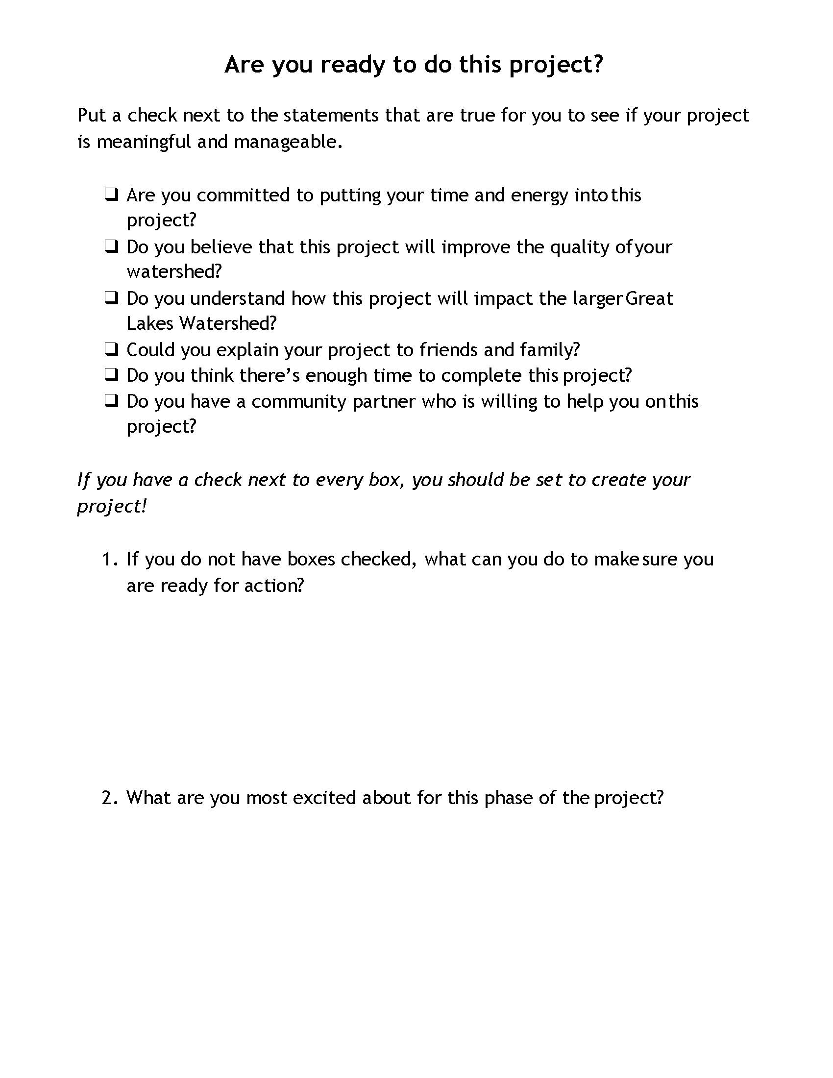 Student page of checklist for implementing an action plan